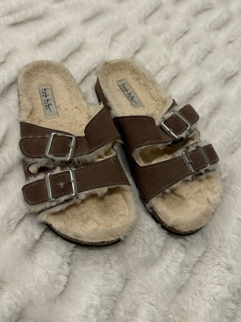 Nicole Miller New York Faux Fur Suede Strap Slide Sandals